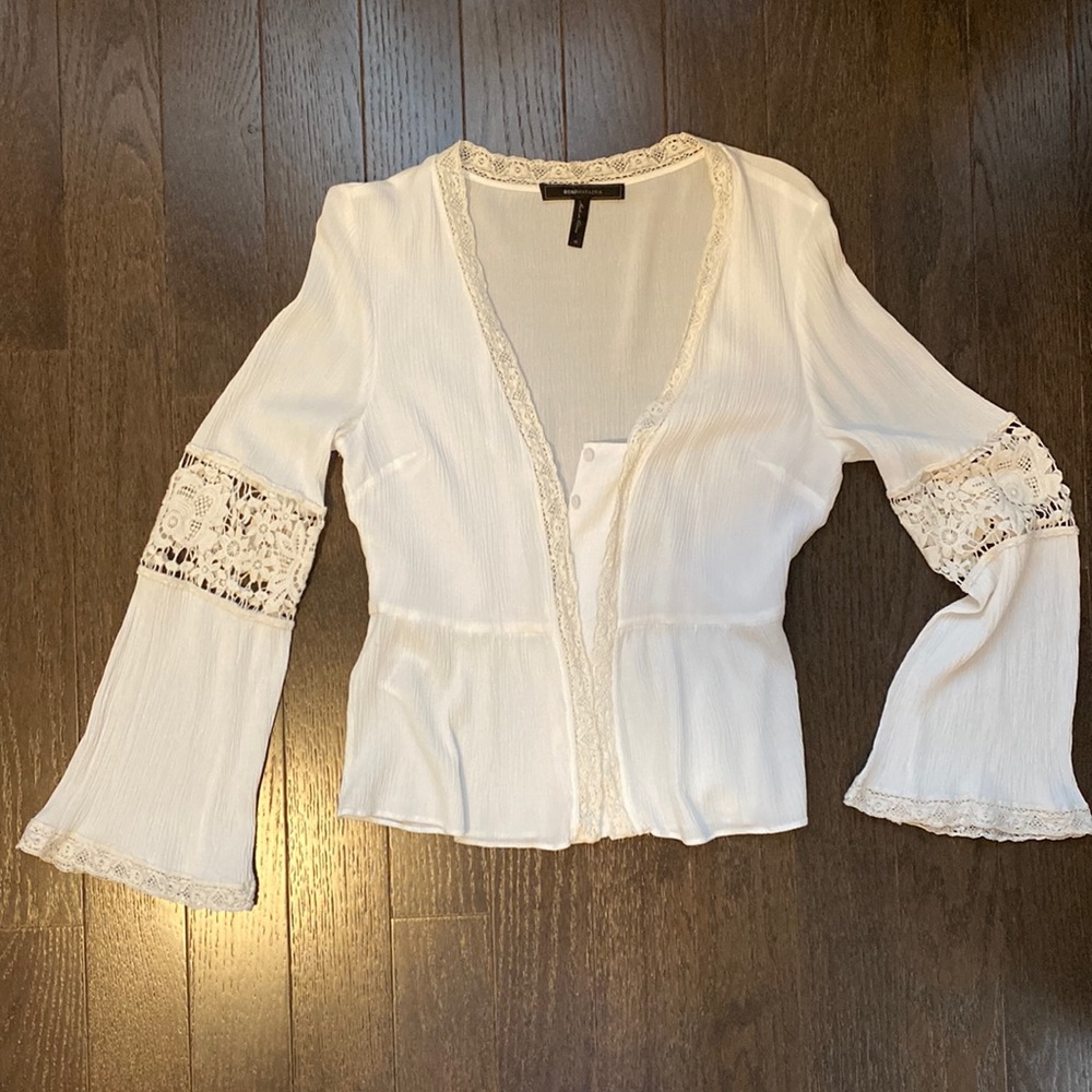 BCBG White Lace Sheer Button Blouse